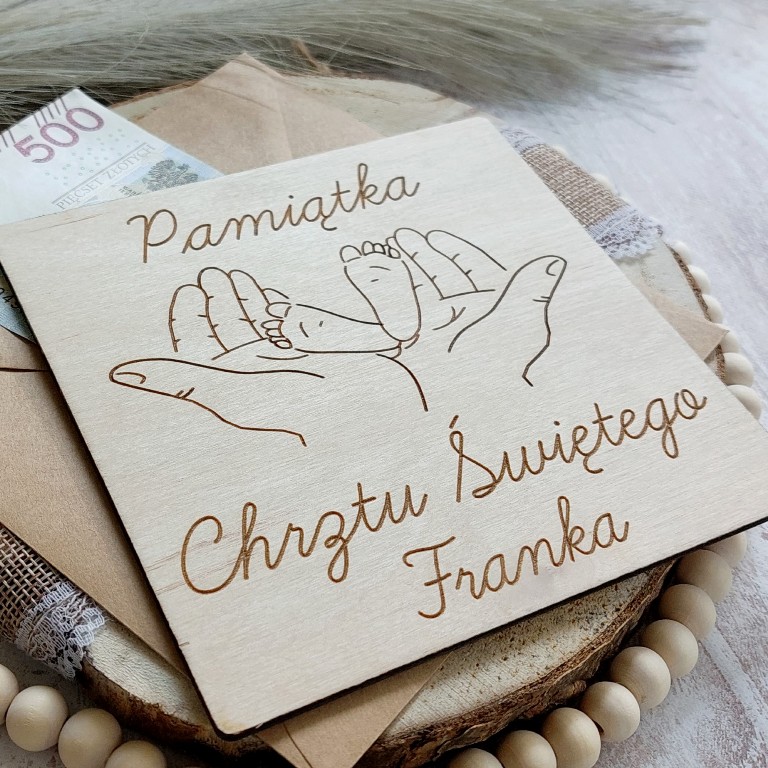 DREWNIANA PAMIĄTKA CHRZTU ŚWIĘTEGO PREZENT NA CHRZEST STÓPKI NA DŁONI zdjęcie 3